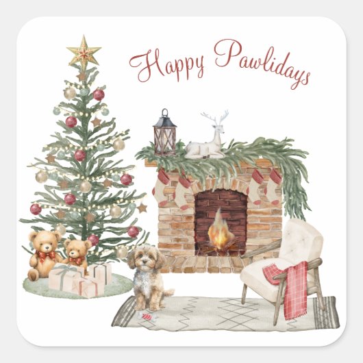 Happy Pawlidays Dog Design - Cavapoo Quadratischer Aufkleber (Vorderseite)