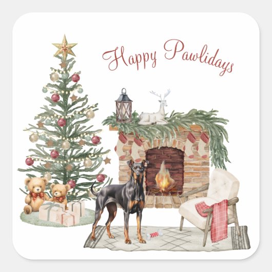 Happy Pawlidays Dog Design - Doberman Pinscher Quadratischer Aufkleber (Vorderseite)