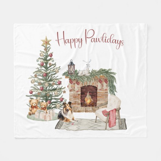 Happy Pawlidays Dog Design - Sheltie Fleecedecke (Vorderseite (Horizontal))