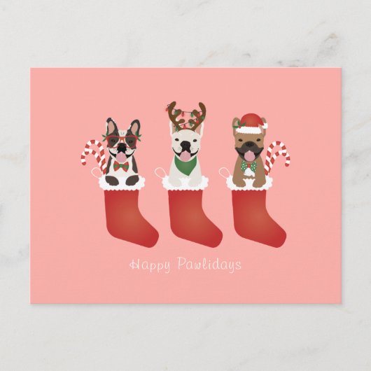 Happy Pawlidays French Bulldogs Christmas Strumpf Postkarte (Vorderseite)
