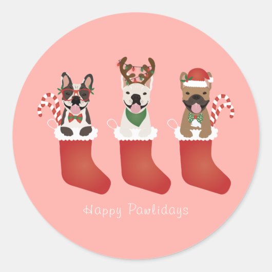 Happy Pawlidays French Bulldogs Christmas Strumpf Runder Aufkleber (Vorderseite)