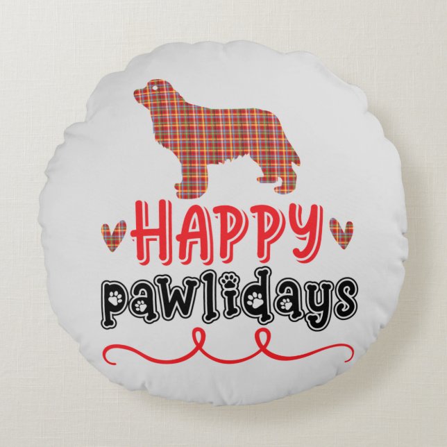 Happy Pawlidays | Funny Word Puff Rundes Kissen (Vorderseite)