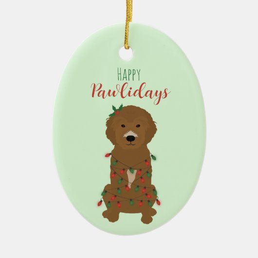 Happy Pawlidays Goldendoodle Weihnachtslicht Keramik Ornament (Vorne)