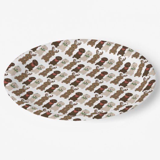 Happy Pawlidays Goldendoodle Weihnachtslicht Pappteller (Schrägansicht)