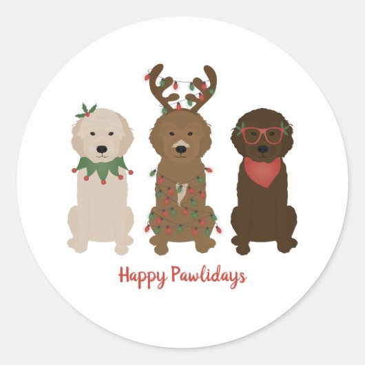 Happy Pawlidays Goldendoodle Weihnachtslicht Runder Aufkleber (Vorderseite)