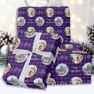 Happy Pawlidays Lila Holiday Kariert Pet Dog Foto Geschenkpapier