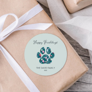Happy Pawlidays Modern Paw Art Weihnachtsaufkleber Runder Aufkleber