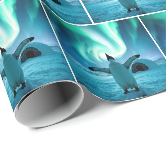 Happy Penguin Dancing Under Northern Lights Geschenkpapier (Rolleneckpunkt)