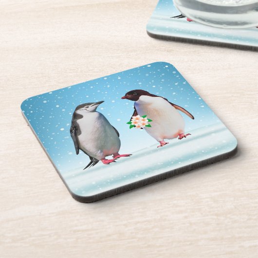 Happy Penguin Drehmoment, One Holding Flowers Getränkeuntersetzer (Linke Seite)