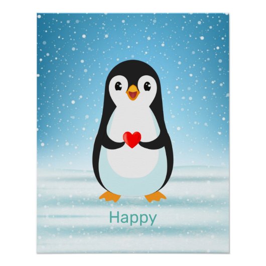 Happy Penguin Holding a Heart Poster (Vorderseite)