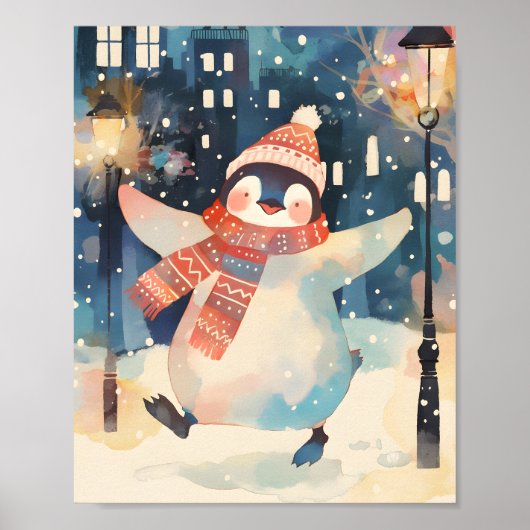 Happy Penguin – Winter Watercolor Nursery Wall Art Poster (Vorne)