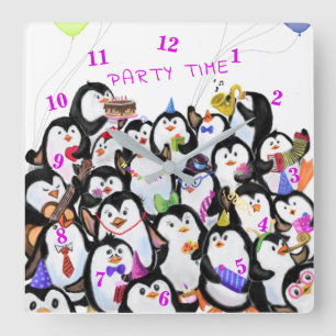Happy Penguins Party Cartoon Drawing - Cute Funny  Quadratische Wanduhr