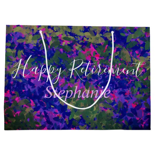 Happy Pensionierung Lila Blue Florals Hand bemalt Große Geschenktüte (Rückseite)