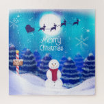 Happy Personalisiert Christmas Snowman Puzzle<br><div class="desc">Dieses Design hat einen nordpol-christlichen Hintergrund mit santa und seinem Rentier und einem Schneemann</div>