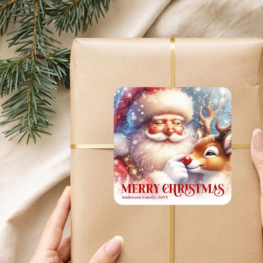 Happy Personalized Santa Rudolph Christmas Party Quadratischer Aufkleber