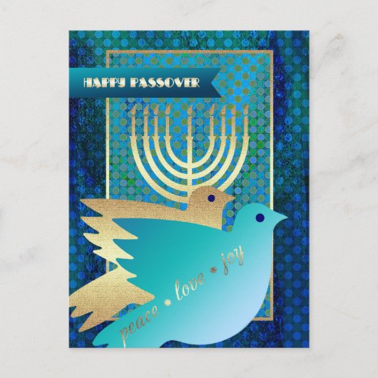 Happy Pessach. Friedenstauben und Menorah Postkarte (Vorderseite)