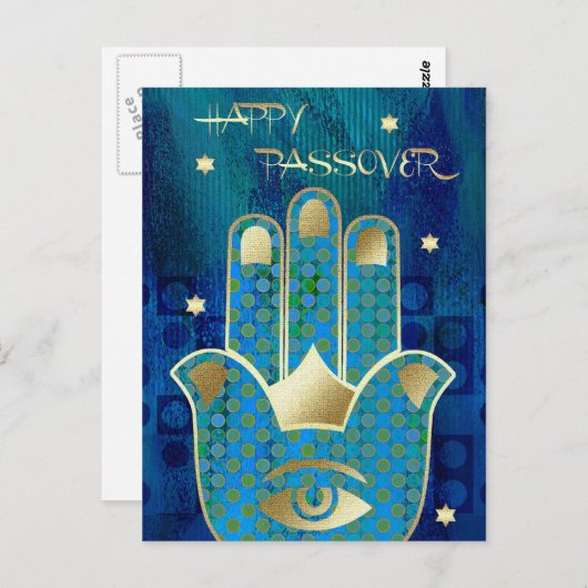 Happy Pessach. Hamsa Hand Lucky Symbol Postkarte (Vorne/Hinten)