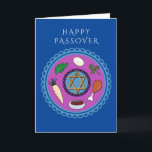 Happy Pessach Seeteller Feiertagskarte<br><div class="desc">Happy Pesach Grußkarte mit Seder Platte und Star of David. Sie können den Gruß auf der Vorderseite und die Nachricht auf der Innenseite der Karte anpassen.</div>