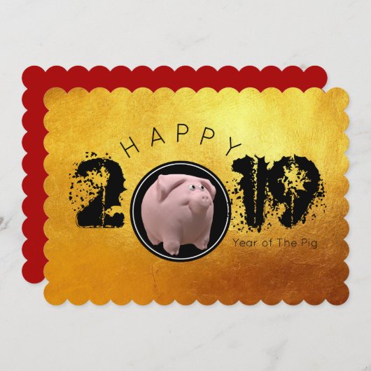 Happy PIg Jahr 2019 Original 3D-Flachkarte Einladung (Vorne/Hinten)