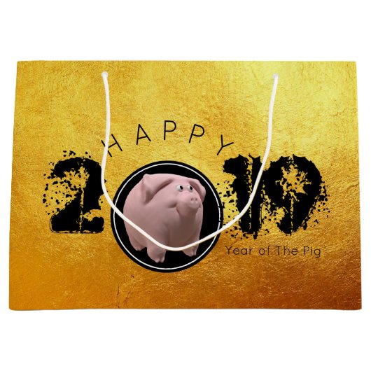 Happy PIg Jahr 2019 Original 3D Gold L Geschenktas Große Geschenktüte (Vorderseite)