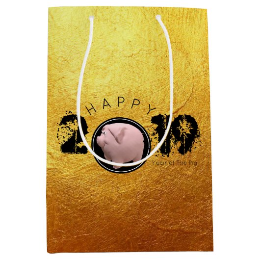Happy PIg Jahr 2019 Original 3D golden M Geschenkt Mittlere Geschenktüte (Vorderseite)