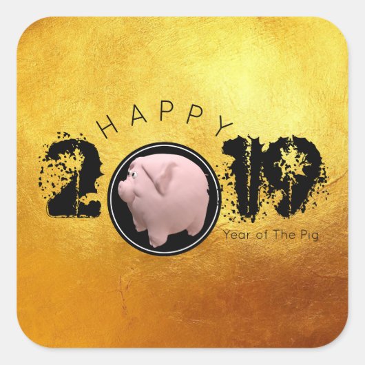 Happy PIg Jahr 2019 Original 3D goldenes Quadrat S Quadratischer Aufkleber (Vorderseite)