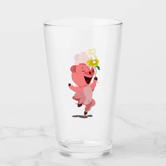 Happy Pig mit Daisy Blume Funny Glass Glas (Vorderseite)