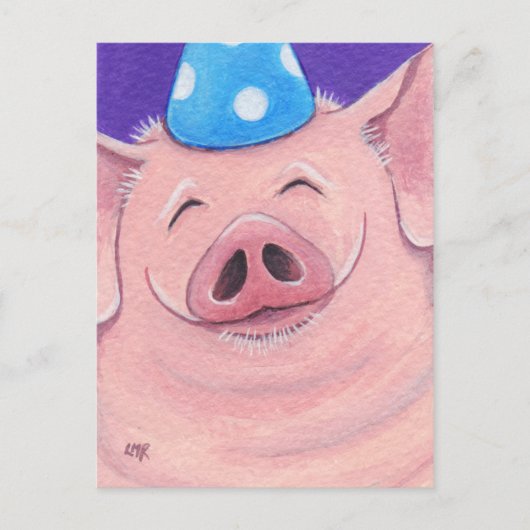 Happy Pig mit einem Party-Hut-Illustration Postkarte (Vorderseite)