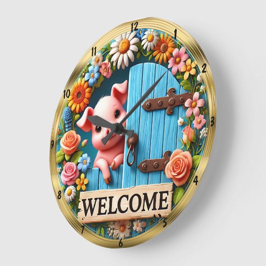 Happy Pig Welcome Floral Große Wanduhr (Winkel)