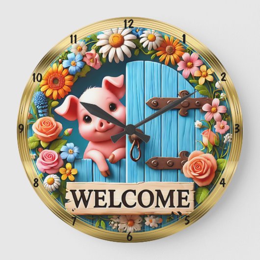 Happy Pig Welcome Floral Große Wanduhr (Vorderseite)