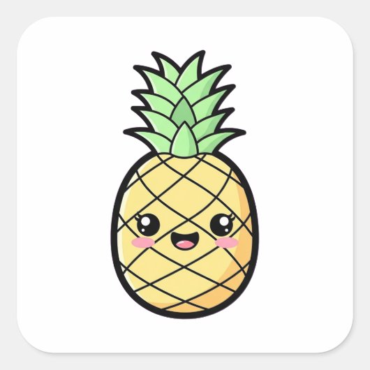 Happy Pineapple – Cute Kawaii Illustration Quadratischer Aufkleber (Vorderseite)