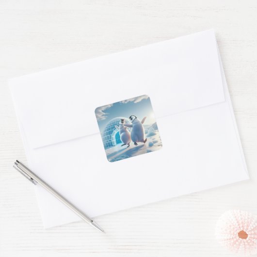 Happy Pinguins Tanzen Quadratischer Aufkleber (Umschlag)