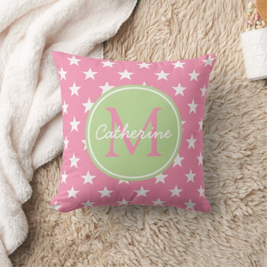 Happy Pink and Mint Green Stars Monogramm Kissen (Decke)