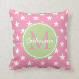 Happy Pink and Mint Green Stars Monogramm Kissen