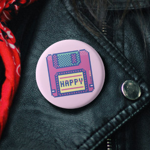 Happy Pink Blue Pixel Art 90s Diskette Button