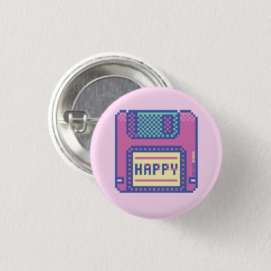 Happy Pink Blue Pixel Art 90s Diskette Button (Vorne & Hinten)