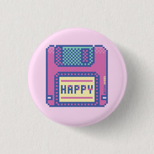 Happy Pink Blue Pixel Art 90s Diskette Button