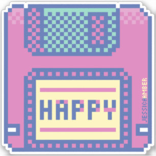 Happy Pink Blue Pixel Art 90s Diskette Sticker