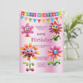 Happy Pink Blume Geburtstagsparty Einladung (Stehend Vorderseite)