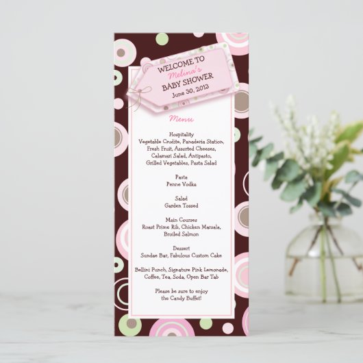 Happy Pink Dots Baby Shower Menu Card Menükarte (Stehend Vorderseite)