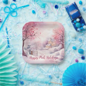 Happy Pink Holidays Weihnachtsschnee Szene Pappteller (Party)
