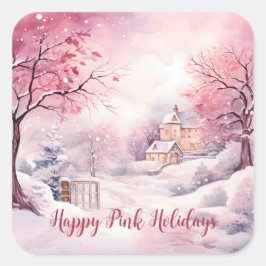 Happy Pink Holidays Weihnachtsschnee Szene Quadratischer Aufkleber