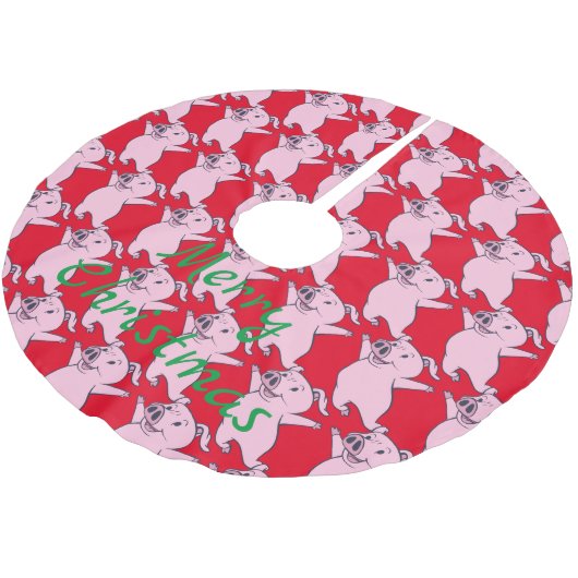 Happy Pink Pig Jumping Thunder_Cove Polyester Weihnachtsbaumdecke (Schrägansicht)
