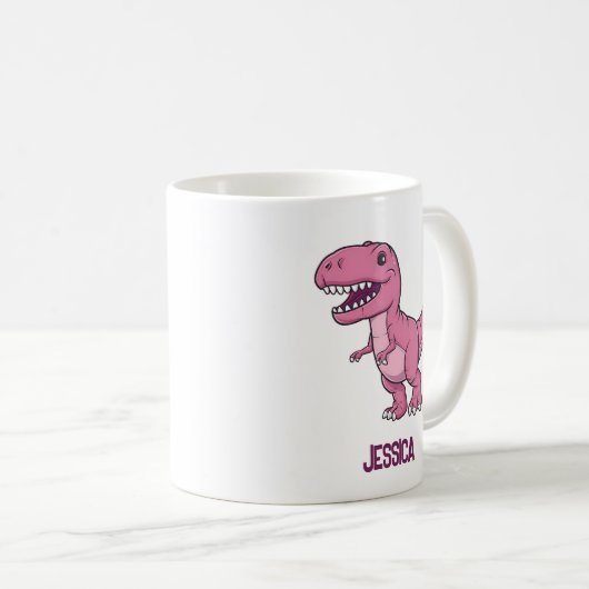 Happy Pink T-Rex Dino mit Kindername Kaffeetasse (VorderseiteRechts)