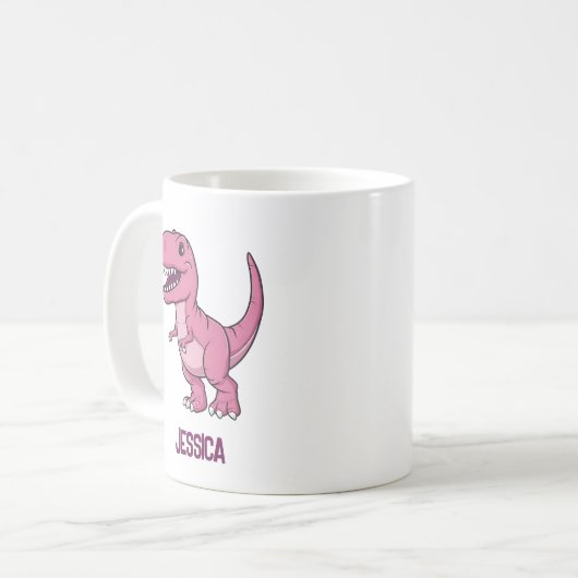 Happy Pink T-Rex Dino mit Kindername Kaffeetasse (Vorderseite Links)