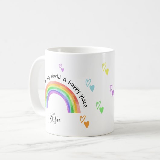 Happy Place Rainbow und farbenfrohe Herzen Kaffeetasse (Vorderseite Links)