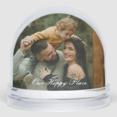 Happy Place Simple Modern Script 2 Family Photo Schneekugeln (Vorderseite)