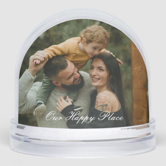 Happy Place Simple Modern Script 2 Family Photo Schneekugeln (Vorderseite)