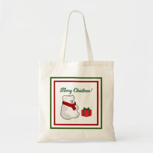 Happy Polar Bear in Red Scarf, Weihnachten Cartoon Tragetasche