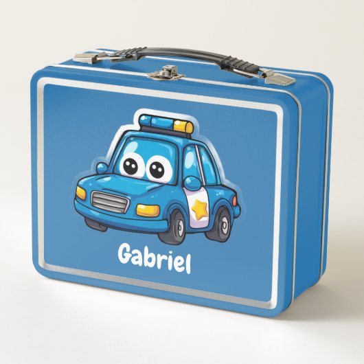 Happy Police Car, Boys, Personalized Blue  Metall Brotdose (Vorderseite)